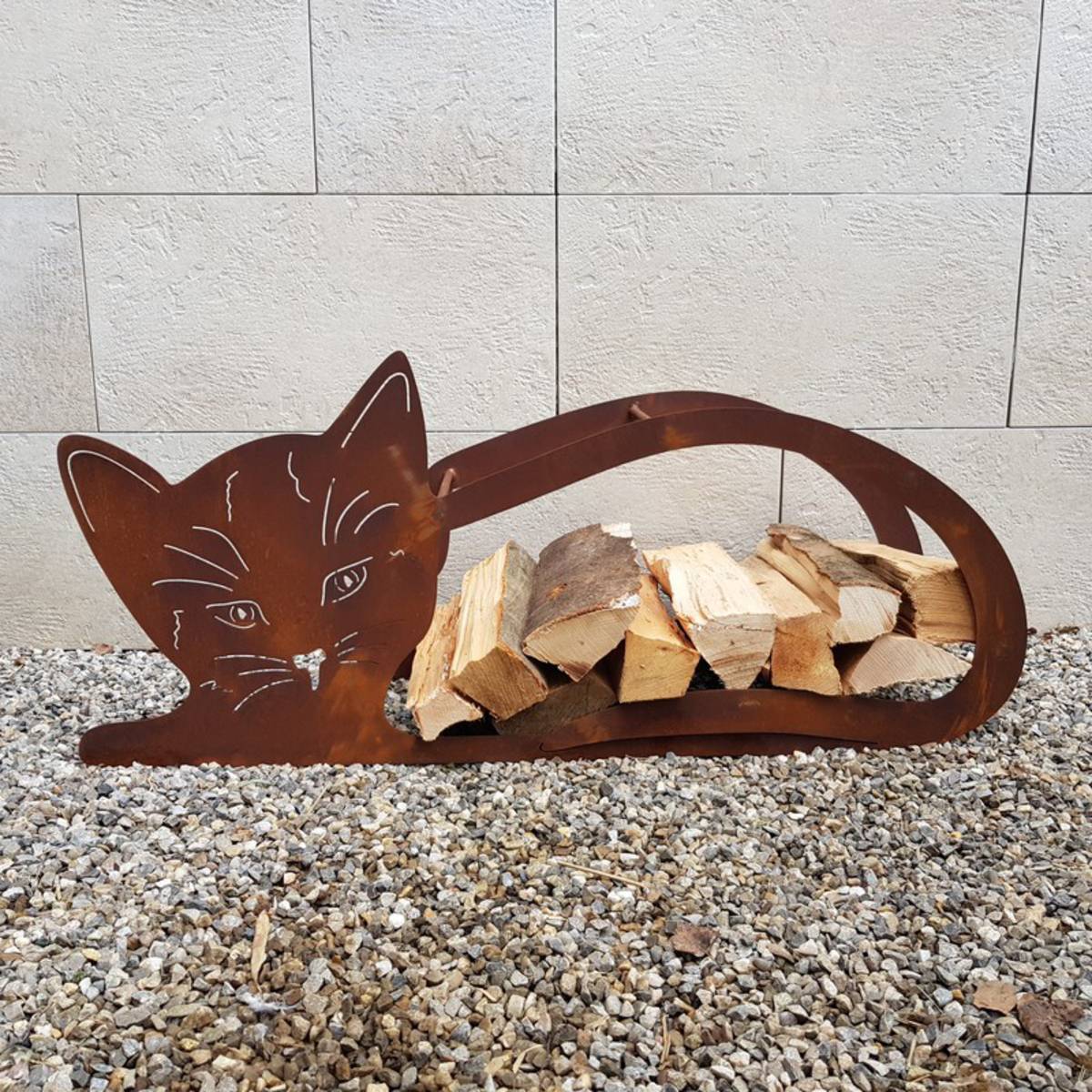 Chat en métal rouillé, pour bois de chauffage, L. 100cm