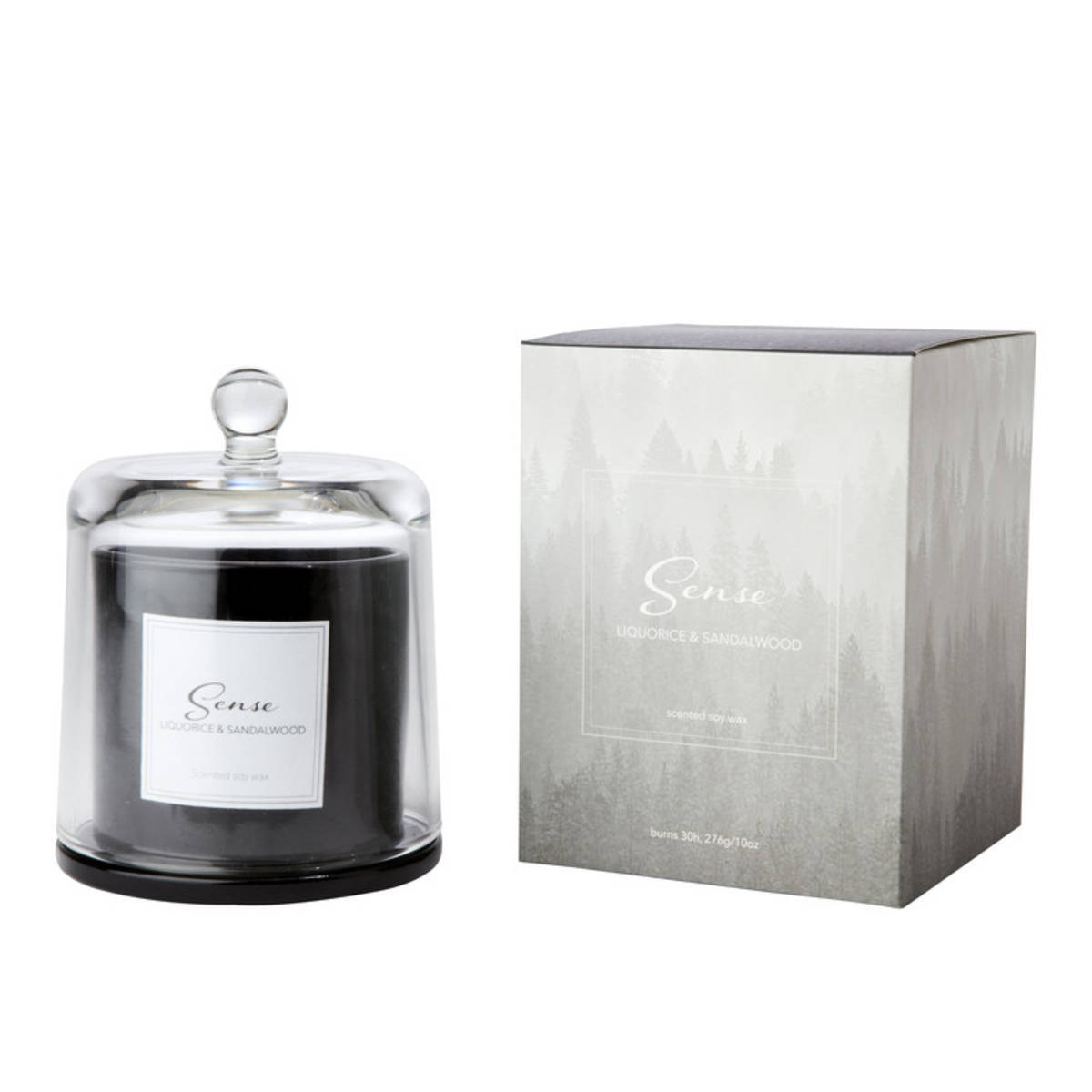 Bougie parfumée à la cire de soja avec cloche en verre, réglisse et bois de santal