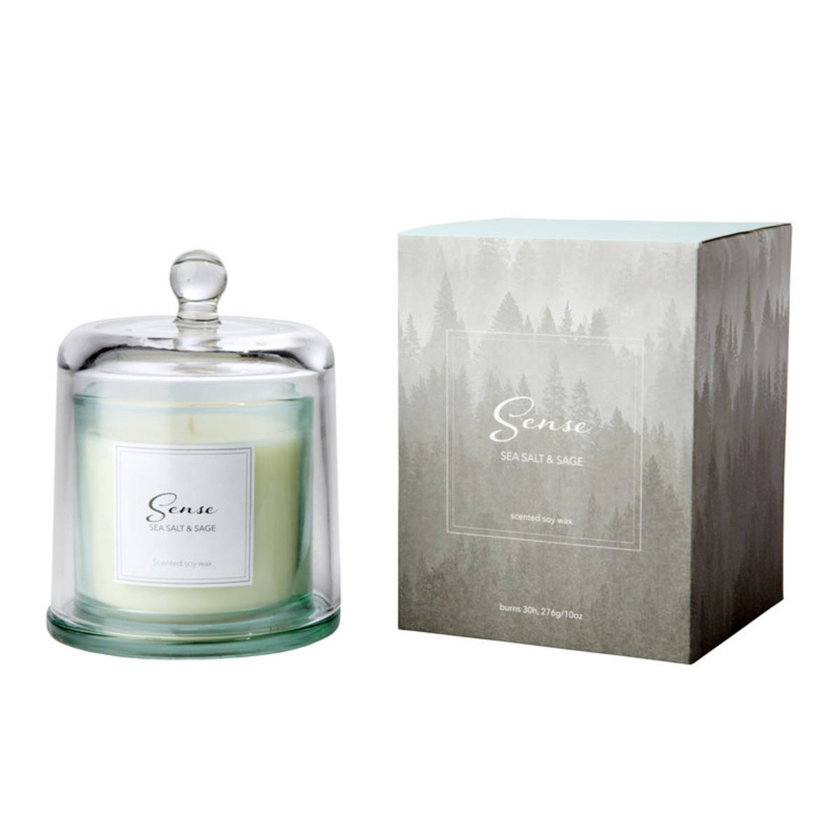 Bougie parfumée à la cire de soja avec cloche de verre, sel de mer et sauge