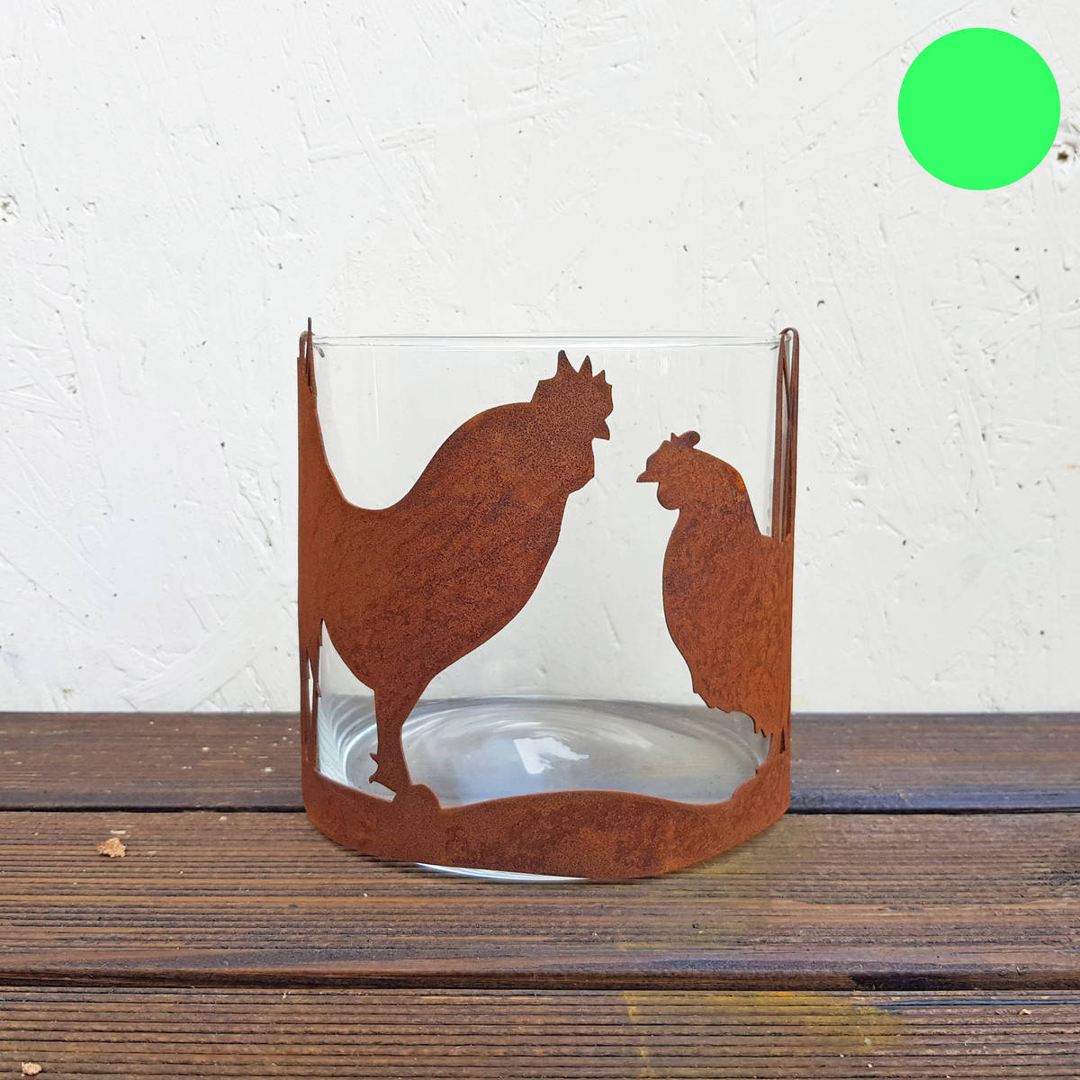 Photophore en verre, coq & poule en fer rouillé, 15x15cm