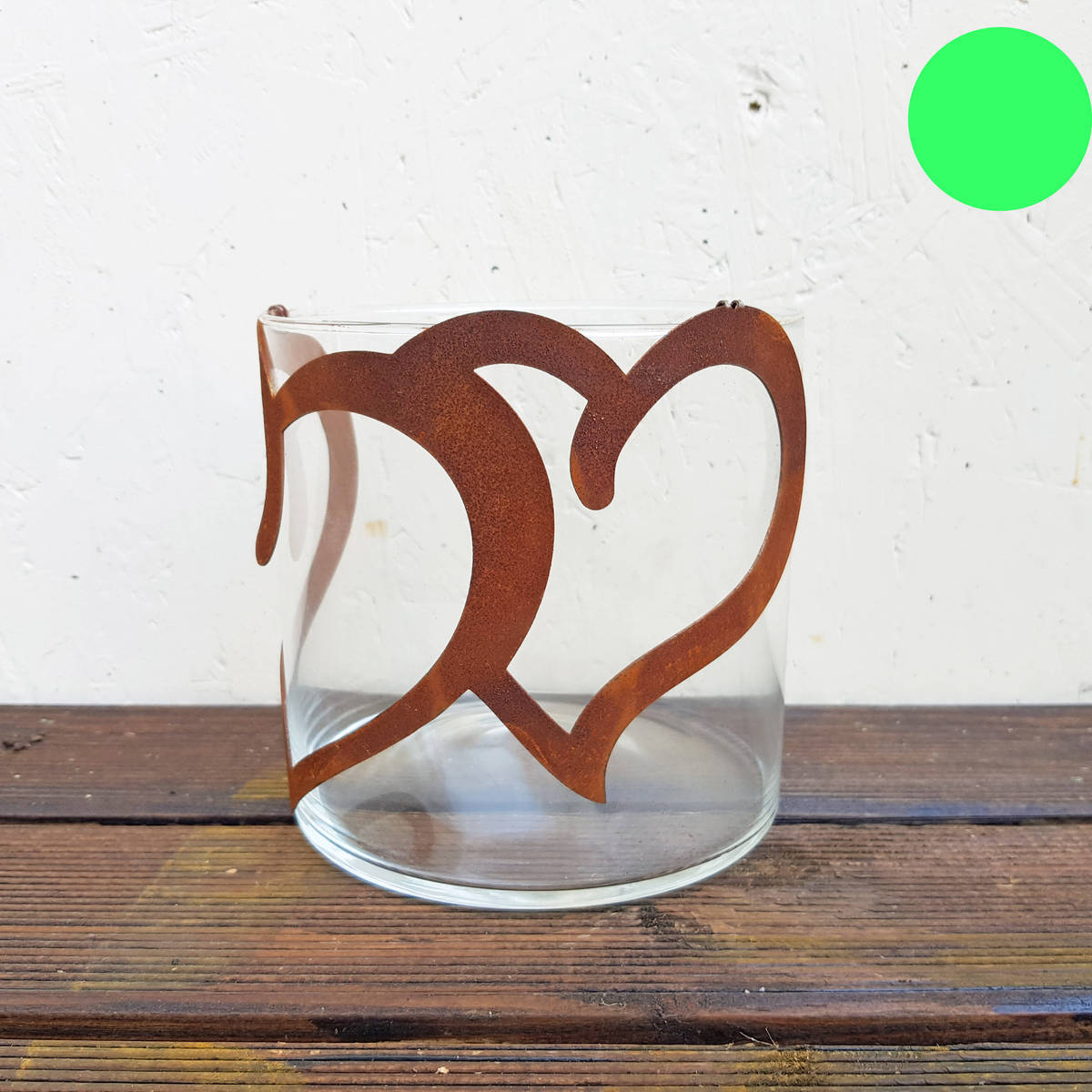 Photophore en verre, coeurs en fer rouillé, 15x15cm