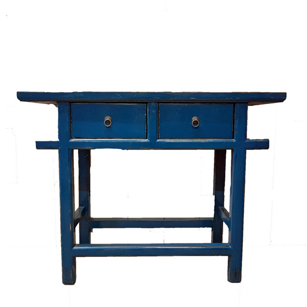 Kleiner chinesischer Tisch mit 2 Schubladen, blau antik