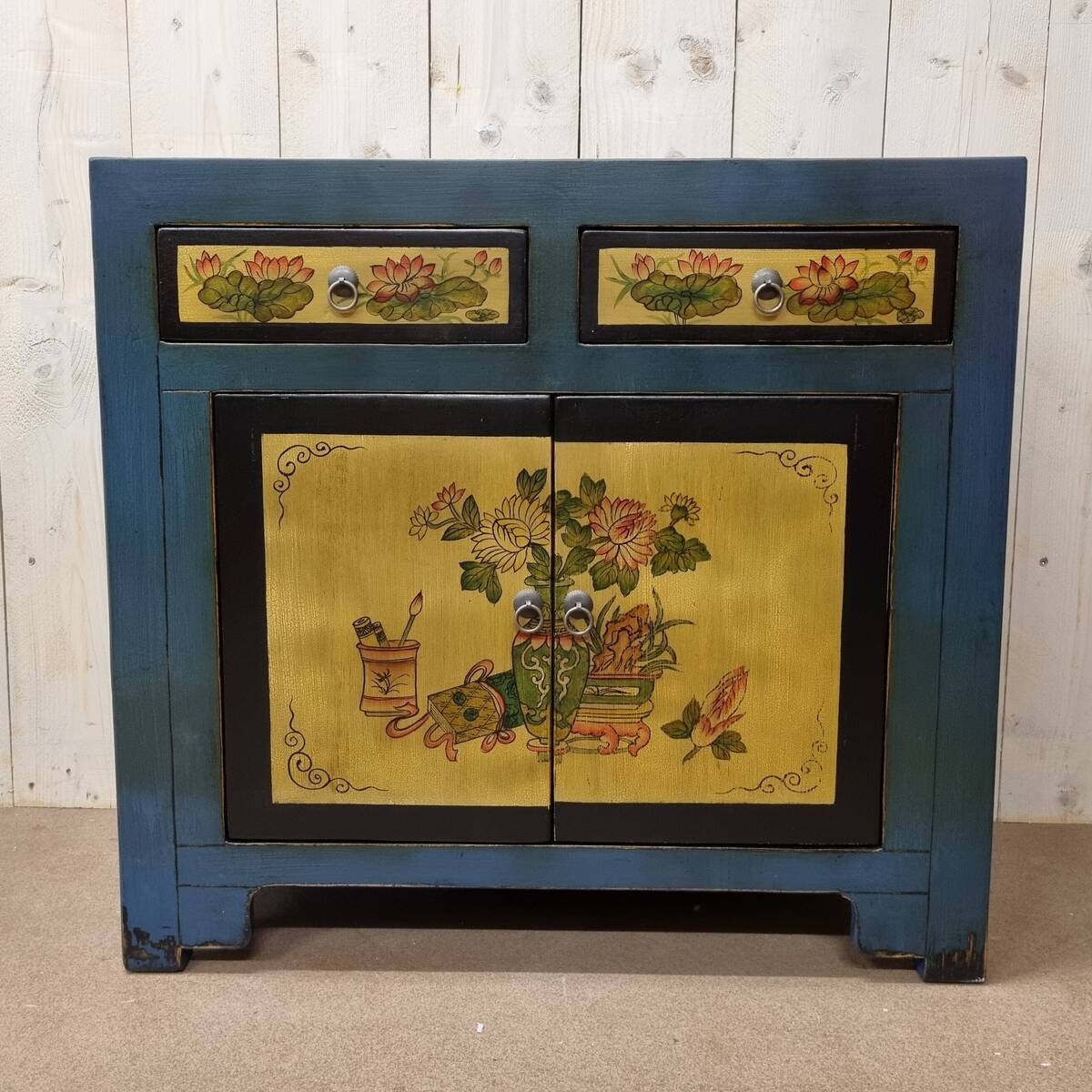 Chinesische Kommode, Hand gemalt, blau / multi
