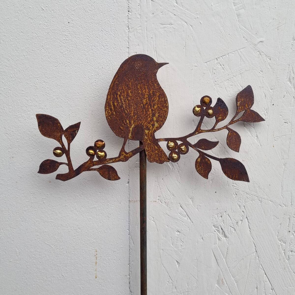 Oiseau sur tige, en fer rouillé, sur branche, 128 cm