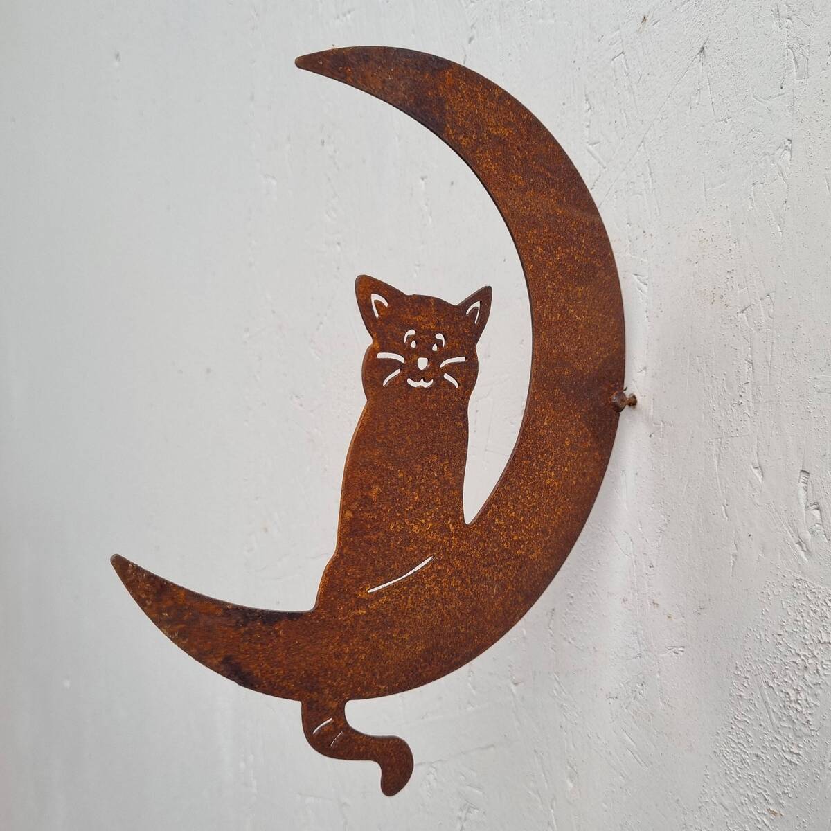 Lune avec chat en fer rouillé, 25 cm
