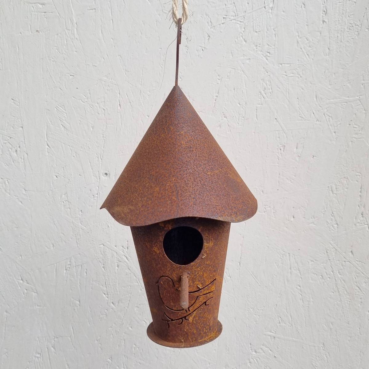 Maisonnette pour oiseaux, en fer rouillé, 28 cm 