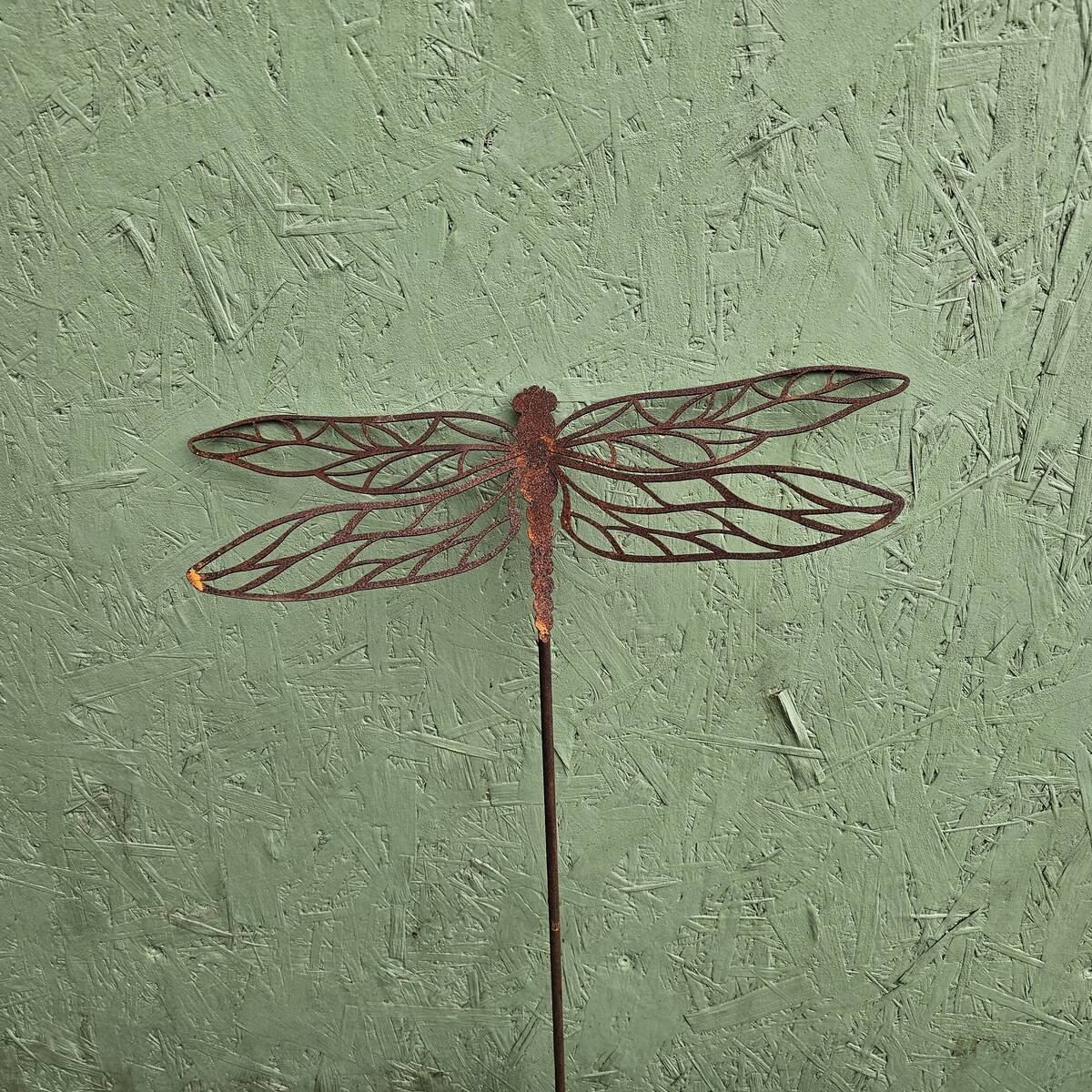 Libellule en fer rouillé, sur tige, 125 cm 