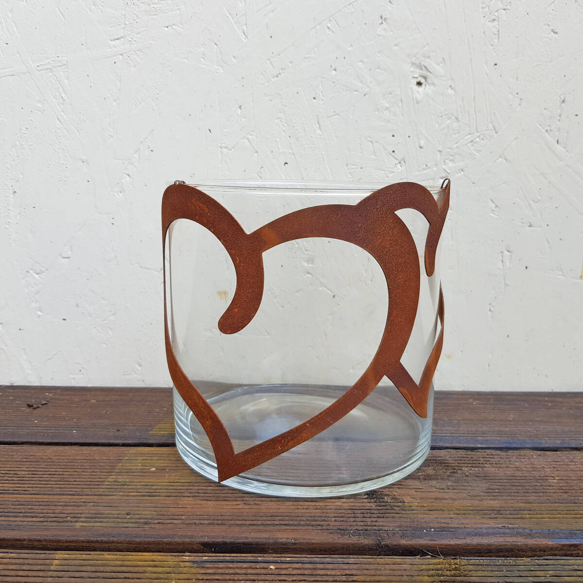 Photophore en verre, coeurs en fer rouillé, 15x15cm 