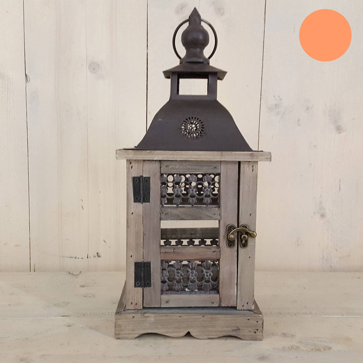 Holzlaterne mit Metall Verzierungen, Höhe 38cm