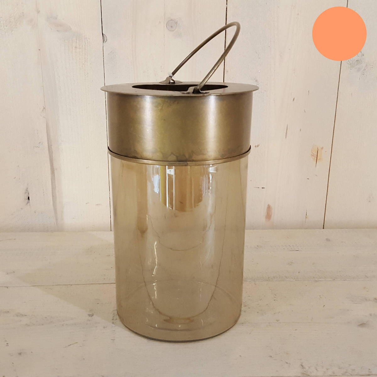 Photophore en verre fumé, avec bordure en métal  