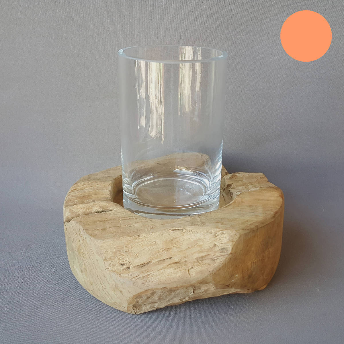 Superbe photophore en bois de teck, avec verre  