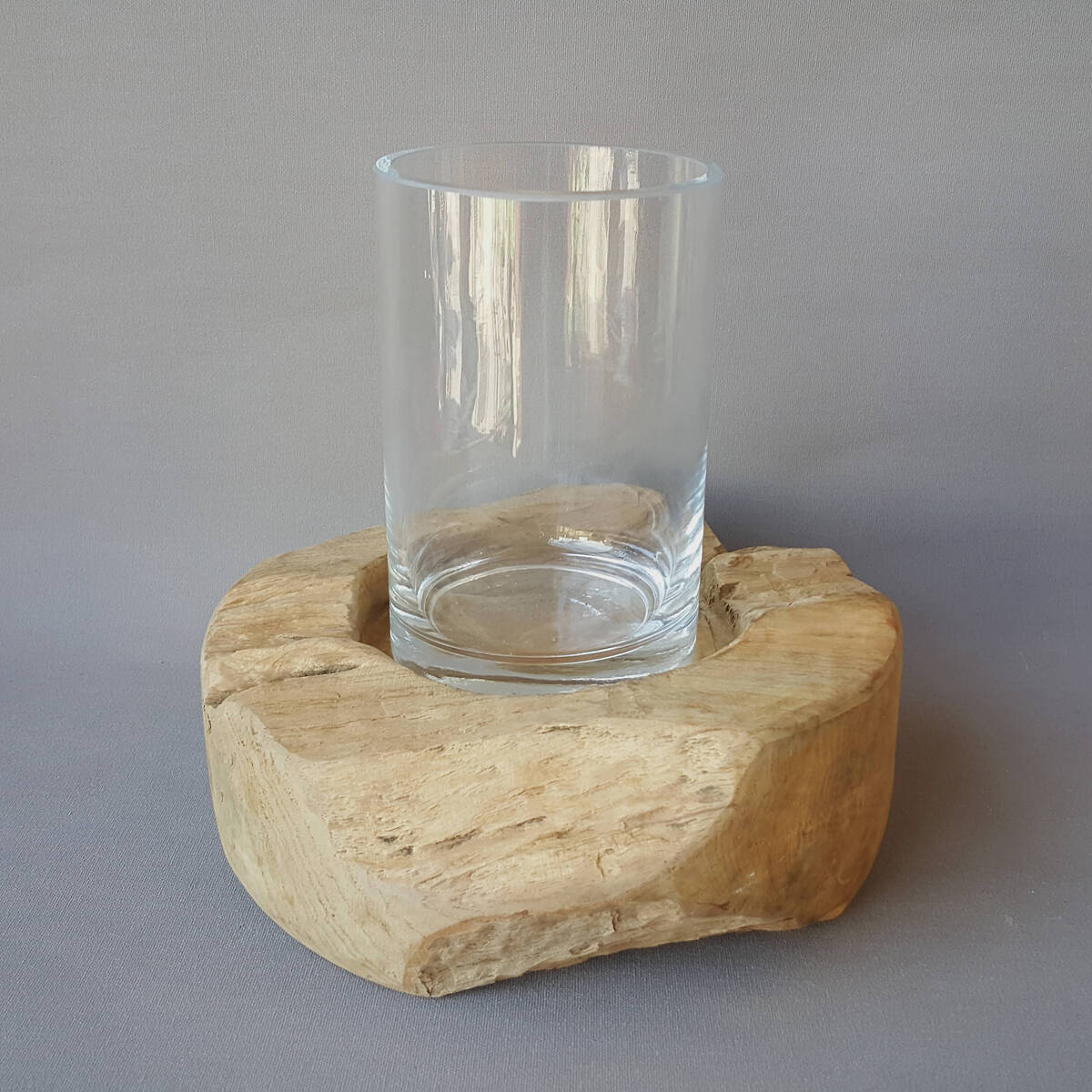 Superbe photophore en bois de teck, avec verre  