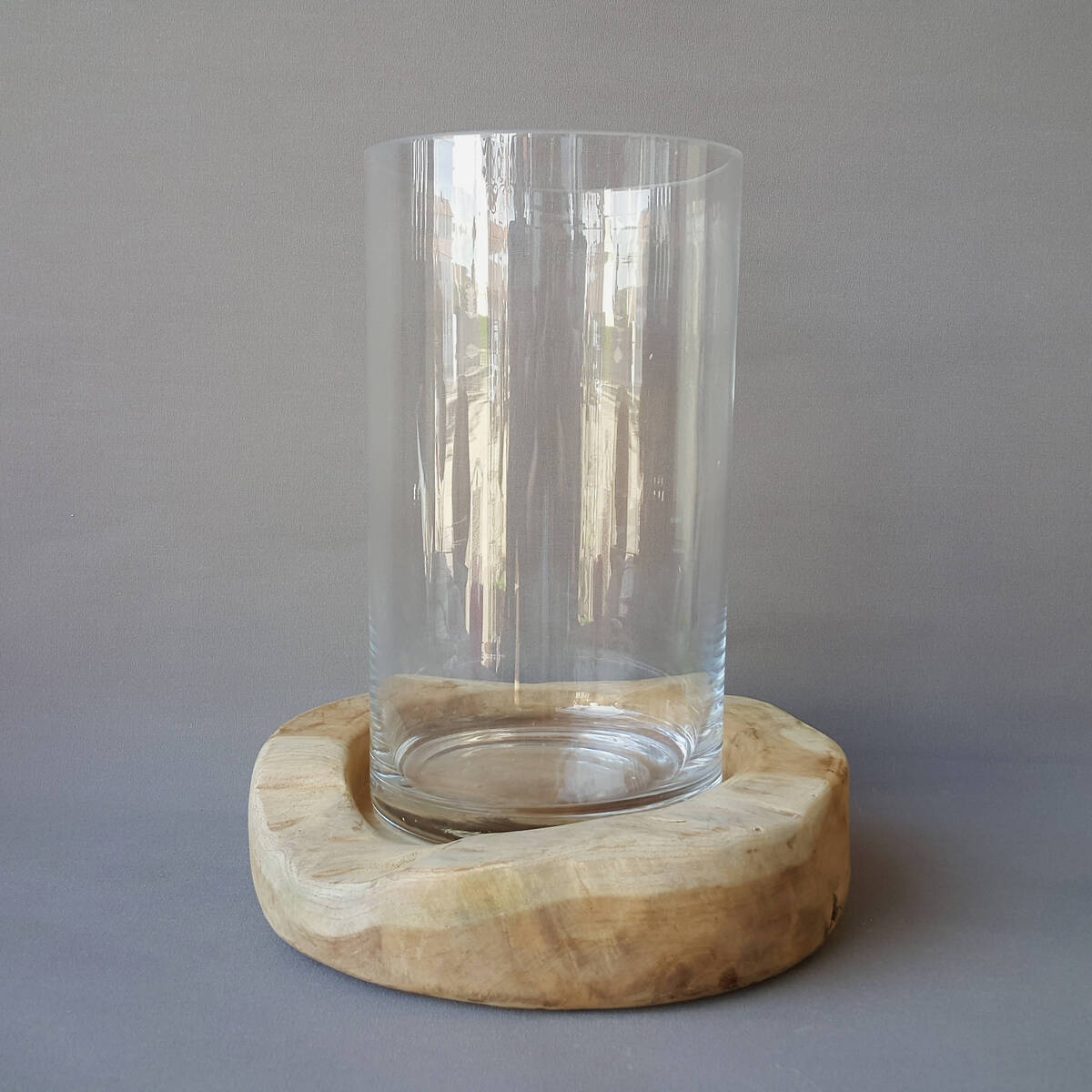 Superbe photophore en bois de teck, avec verre  