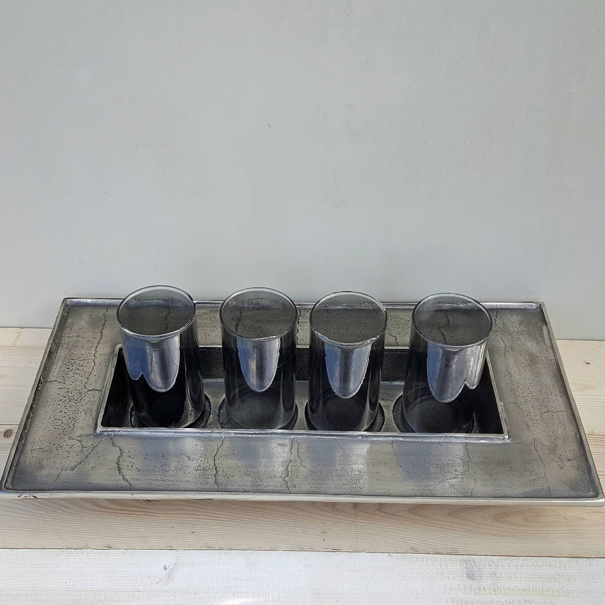 Plateau porte-bougies en métal argenté antique, 73 cm 