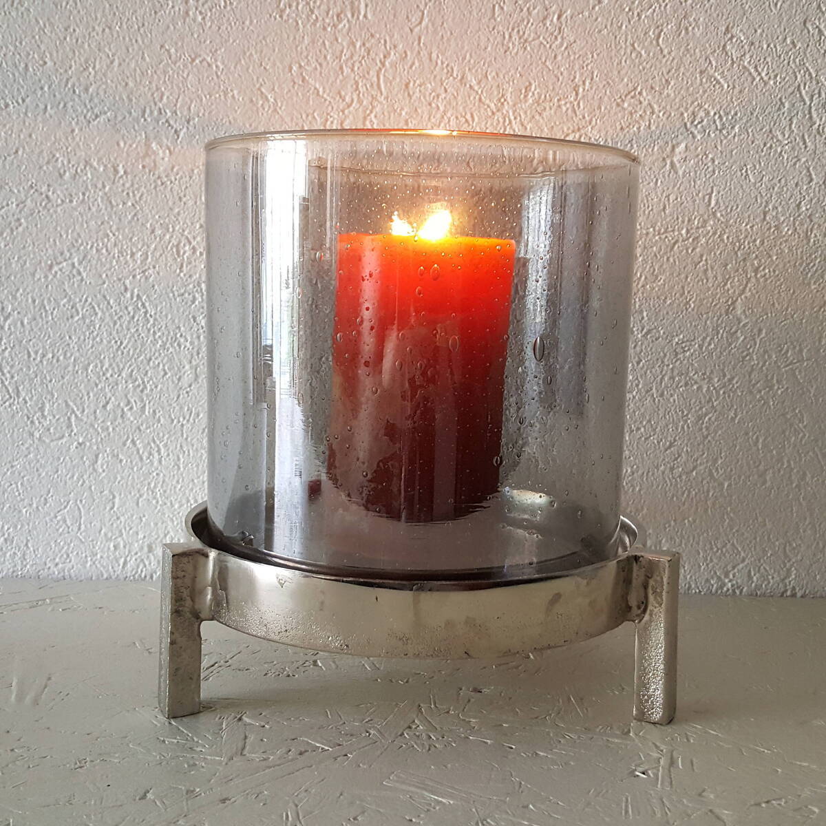 Photophore en verre avec support en métal, H. 26cm 