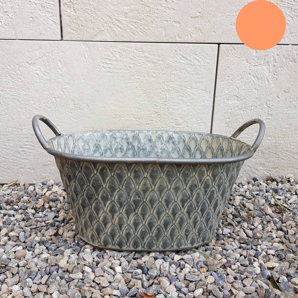 cache-pot oval, métal, avec poignée, L. 32 cm 