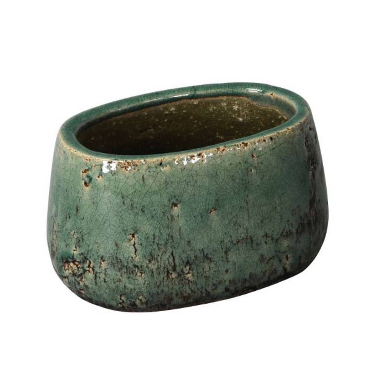 Topf aus Keramik, oval, Farbe petrol, Länge 19cm