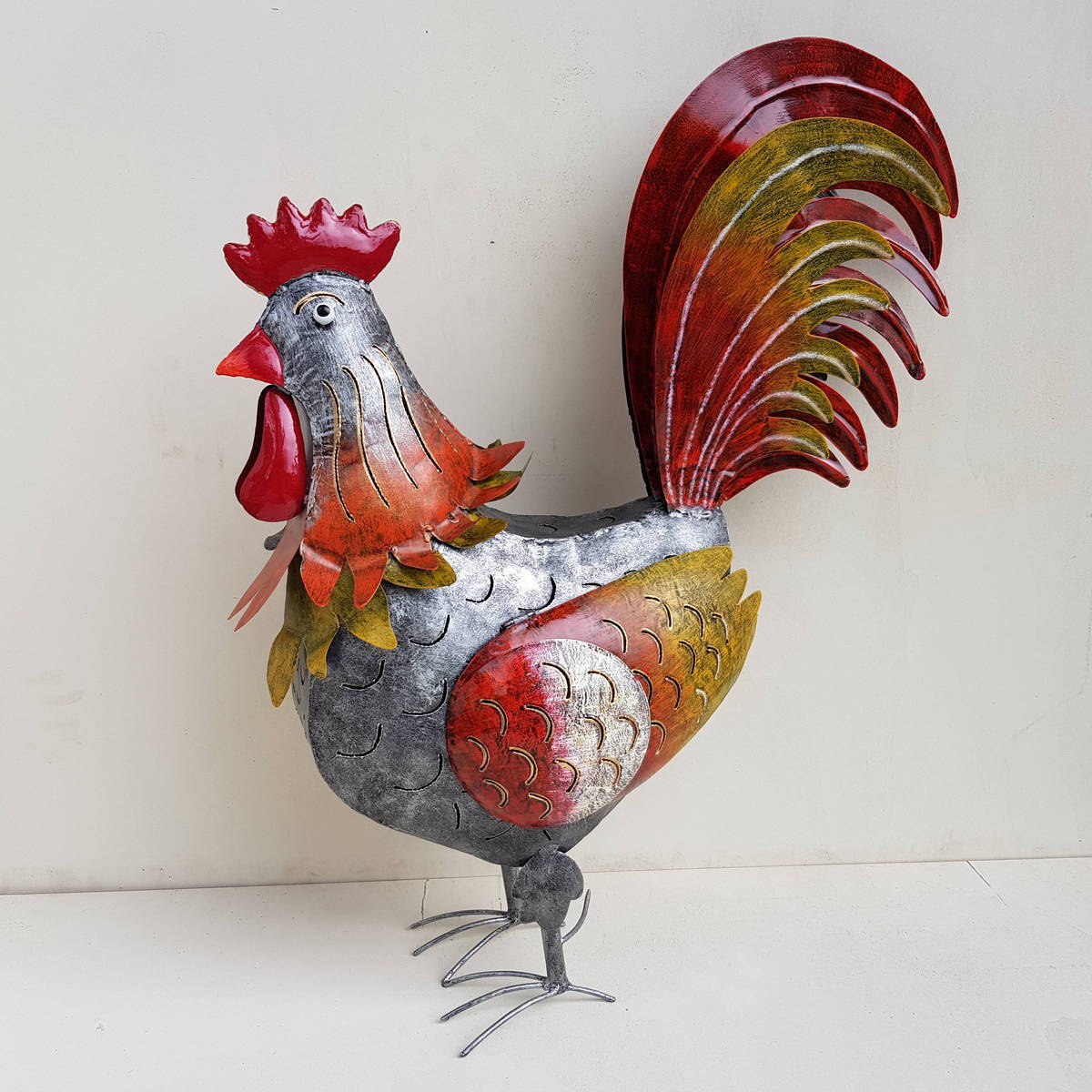 Coq en métal peint, H. 78 cm, magnifique 