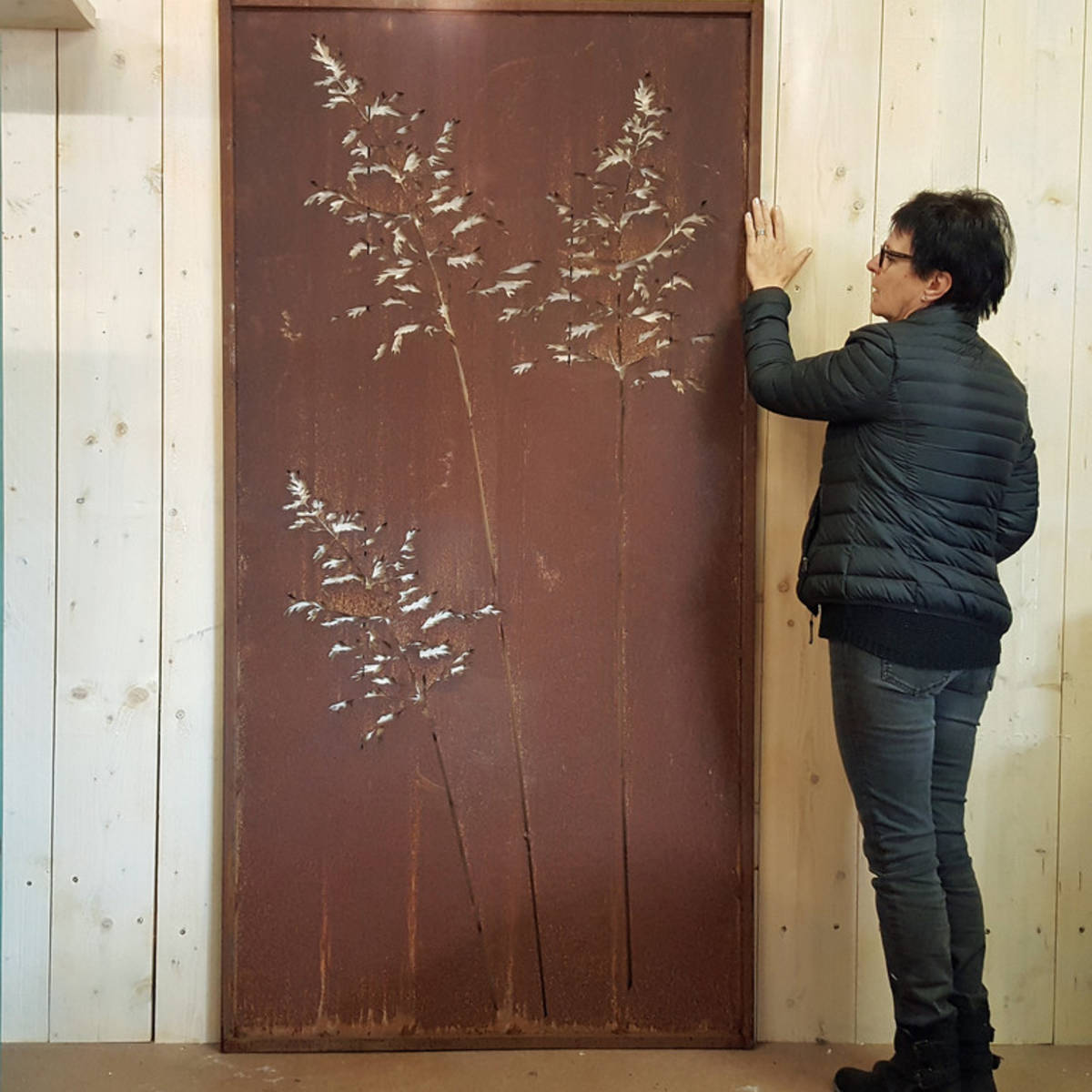 Paravent aus Rosteisen, Höhe 200 cm,  mit Gräsermotiv