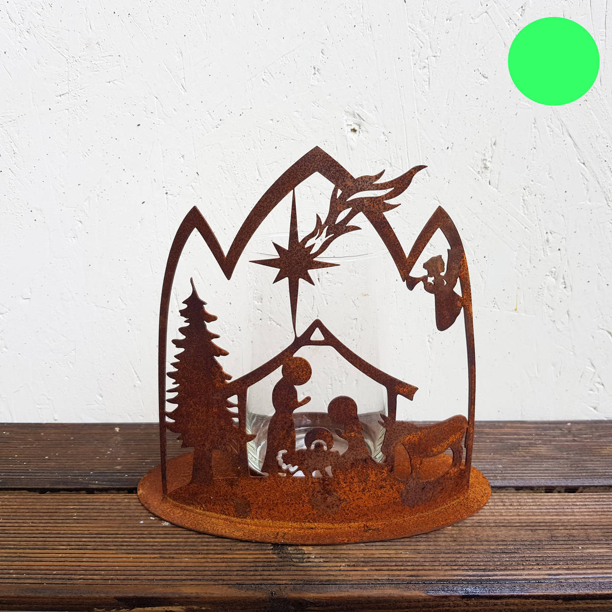 Crèche en métal rouillé avec verre, 22x21cm