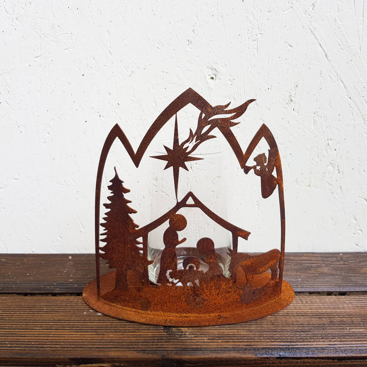 Crèche en métal rouillé avec verre, 22x21cm