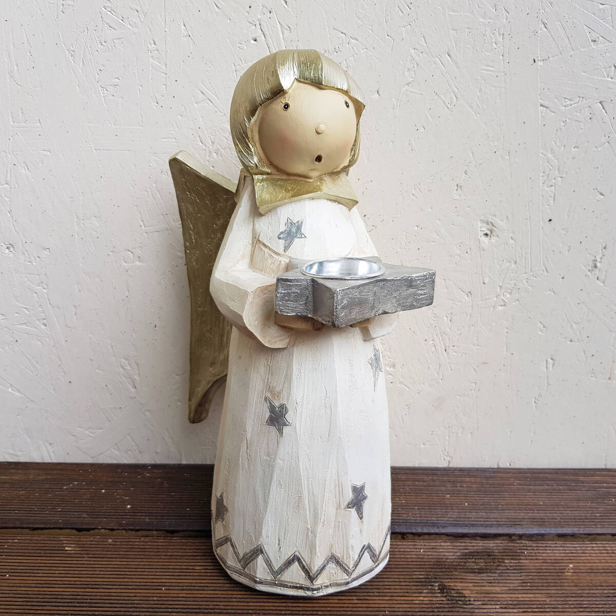 Ange en Polyresin, crème/argent, hauteur 36cm