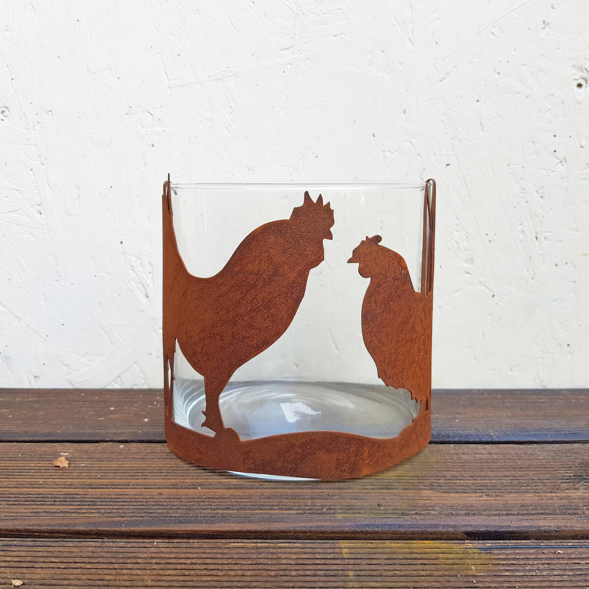 Windlicht  Glas,Hahn & Huhn aus Rosteisen, 15x15cm 