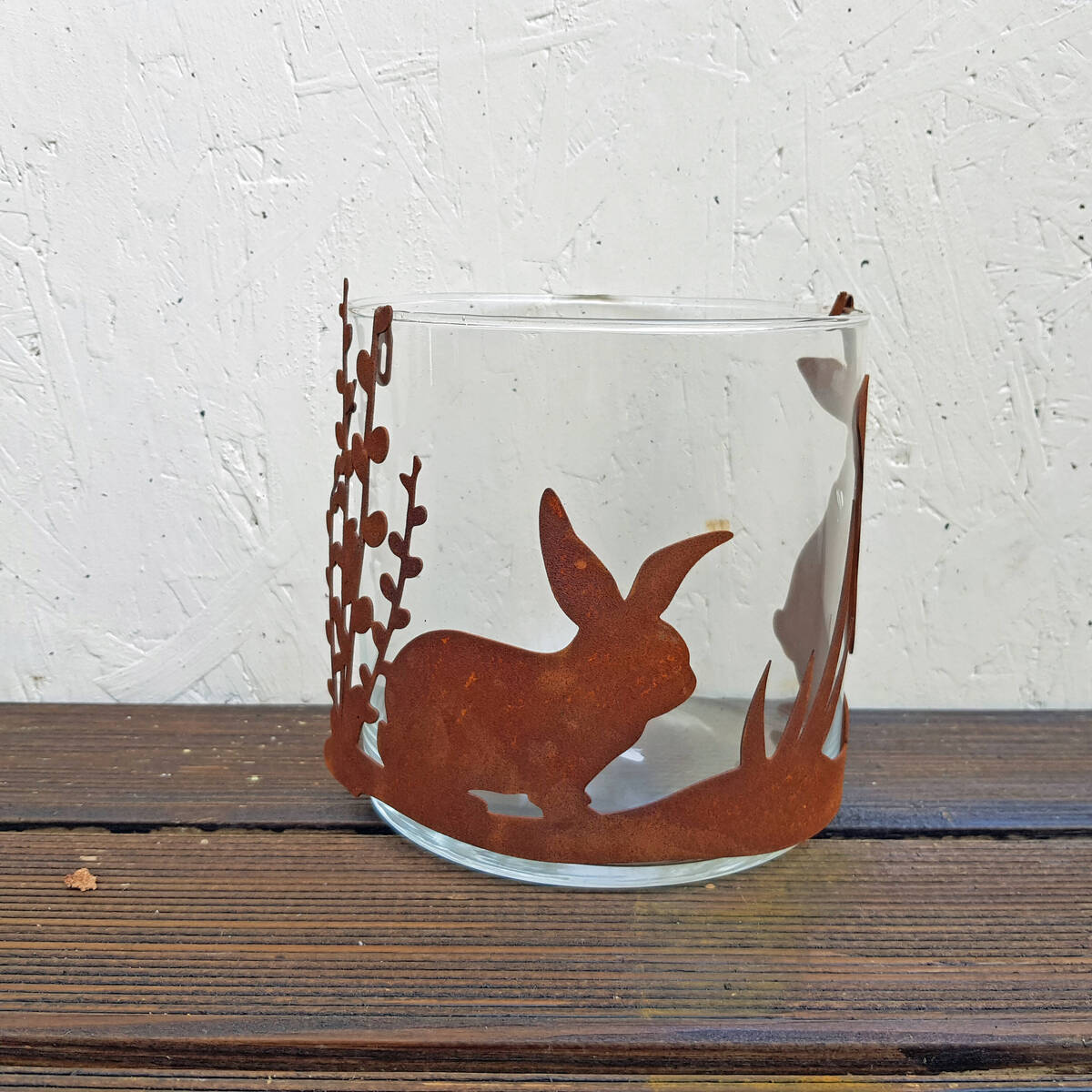 Windlicht aus Glas, Hasen aus Rostmetall, 15x15cm 
