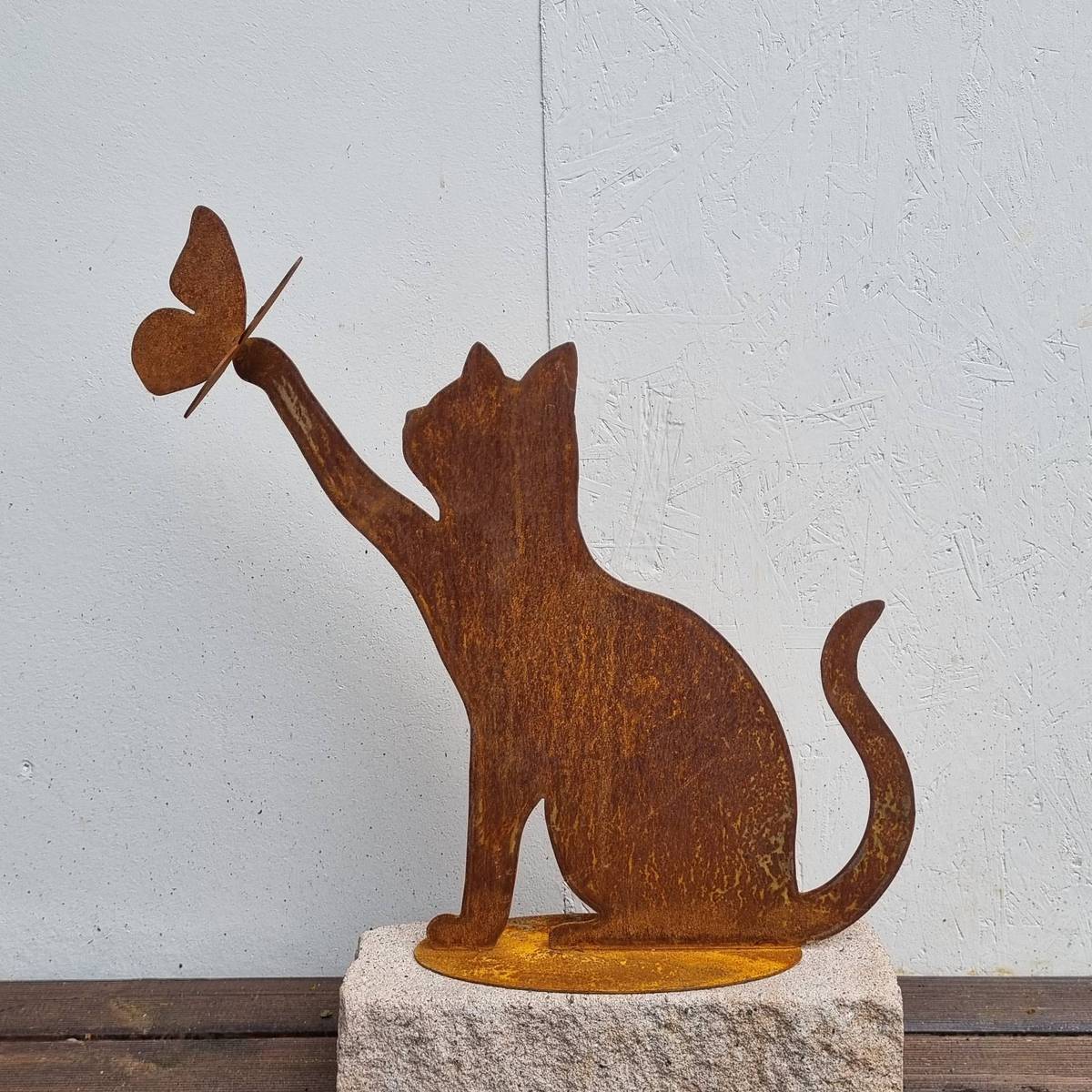Chat avec papillon en fer rouillé, 51 cm 