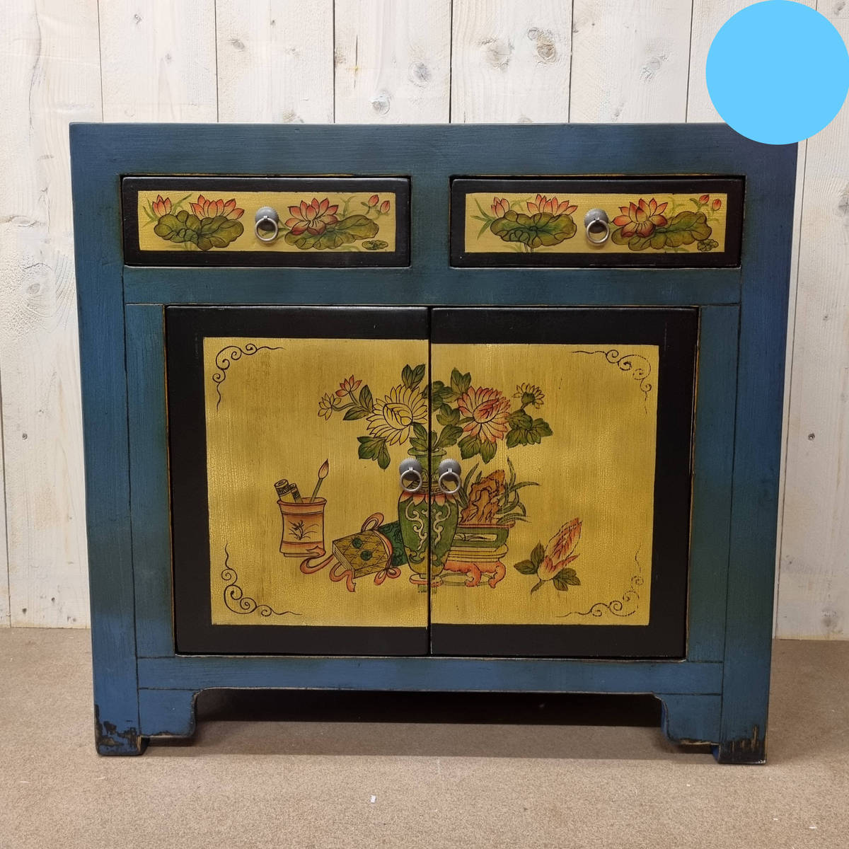 Chinesische Kommode, Hand gemalt, blau / multi 