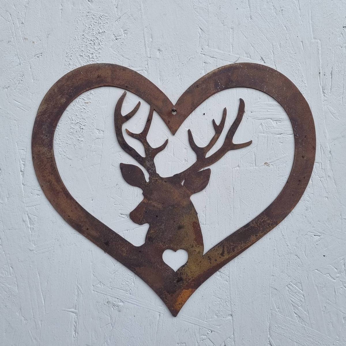 Herz mit Hirsch Kopf, aus Rosteisen, 28 cm 