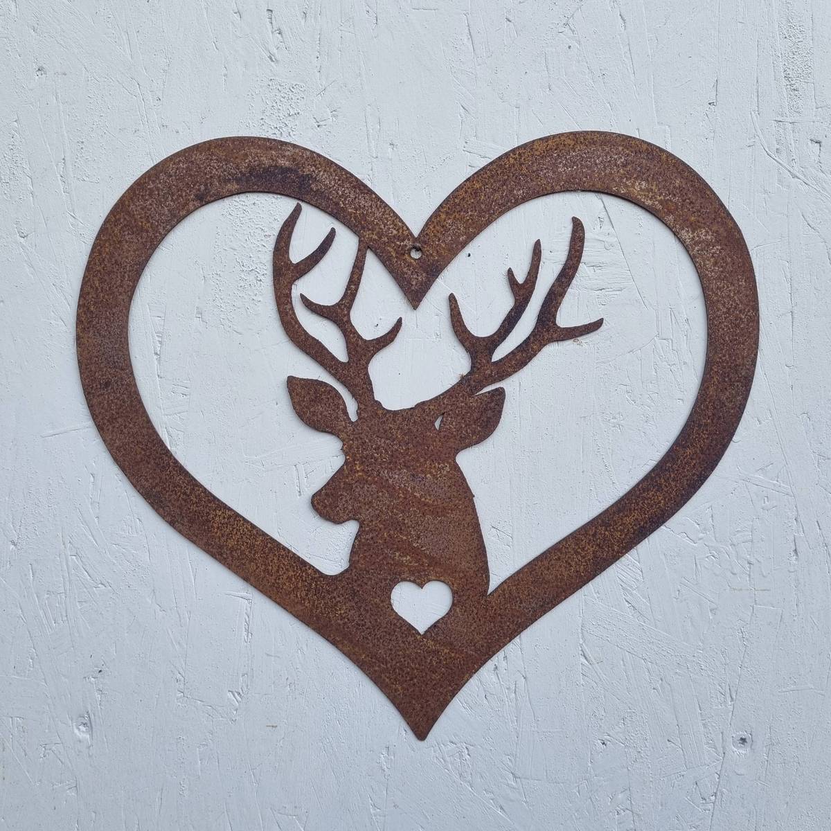 Herz mit Hirsch Kopf aus Rosteisen, 39 cm 