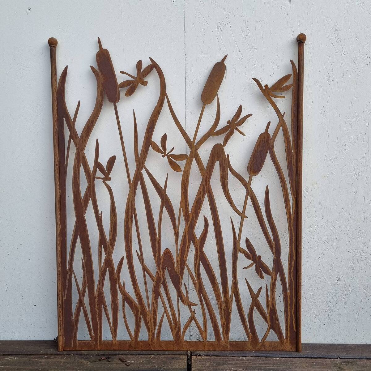 Paravent avec joncs et libellules, en fer rouillé, 103 cm 