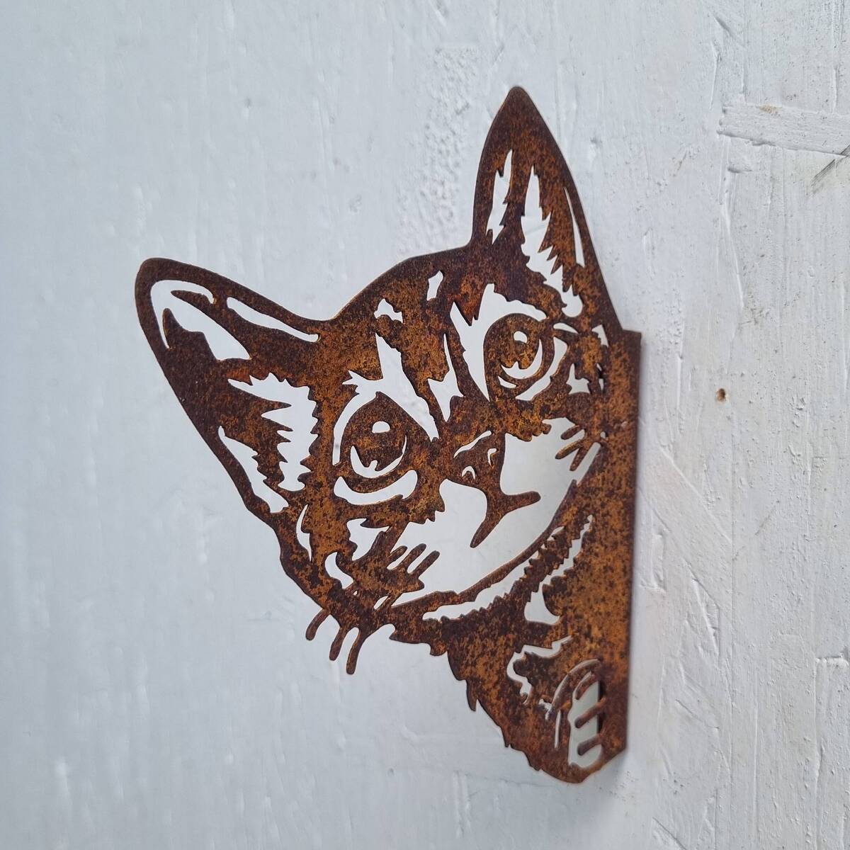 Katze Kopf aus Rosteisen, 16 cm 