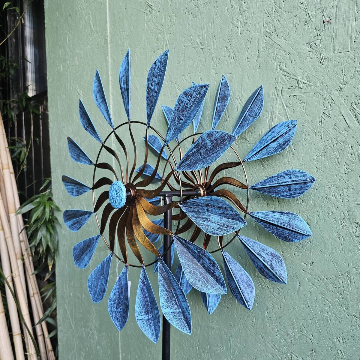 Windrad aus Metall, 2 Rad, 156 cm, Durchmesser 59 cm 